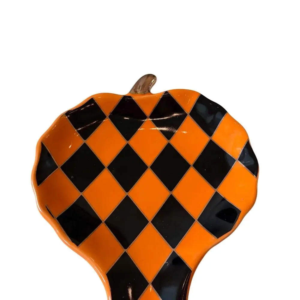 Black & Orange Harlequin Pumpkin Spoon Rest 10in Ceramic Checkered Halloween NEW
